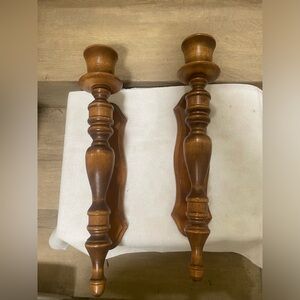 Pair Vintage Turned Wood Sconces Candle Holders Farmhouse Rustic Decor